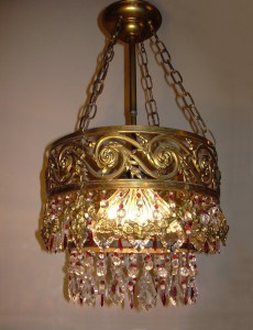 chandelier, vintage, french, glass, gilded, cascading, red, raspberry, framboise, louis, XVI, kroonluchter